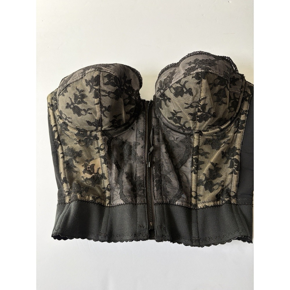 Vintage Lady Marlene Lace Bustier 36B Black Nude Boned Zip Corset